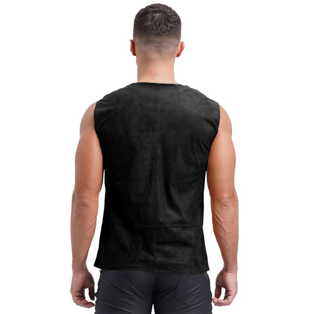 Mens Pirate Cowboy Vest Lace Up Front Solid Color Waistcoat Medieval Cosplay Halloween Costume