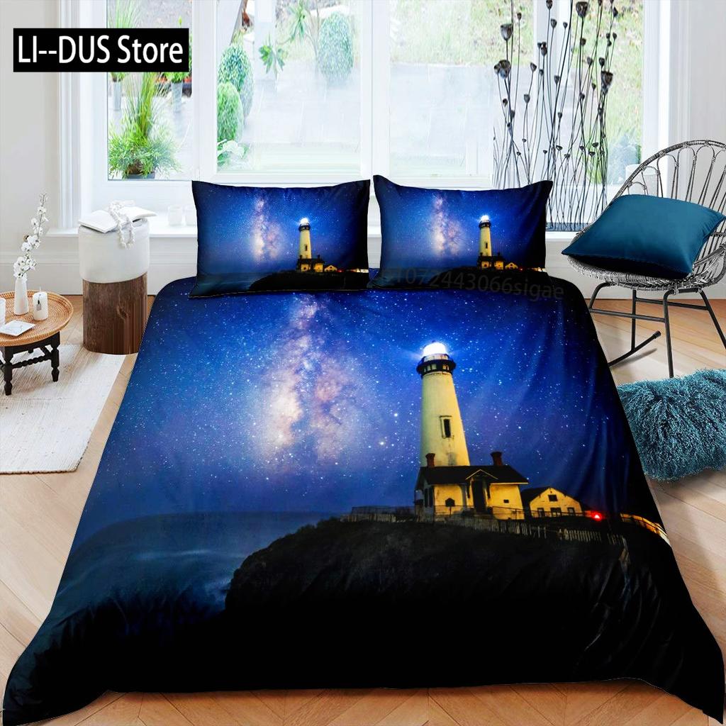 Lighthouse Duvet Cover Set Nautical Surfing Ocean Wave Bedding Set Queen Polyester Coastal Nature Theme Quilt Cover For Kids Boy