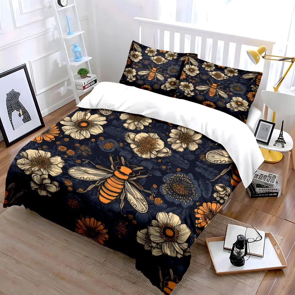 Bee and Floral Home Decor Set Soft Comfortable Duvet Cover Bedding Set Included 1*Duvet Cover & 2*Pillowcases Gift