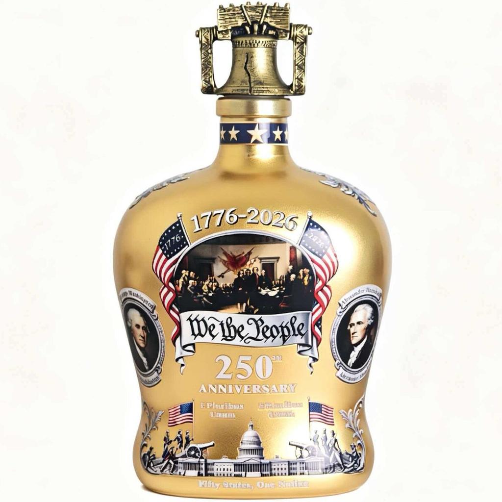 250th Anniversary Whiskey Bottle Commemorative Glass Colored Square Bottle Decanter Barware Bell Cap Set with Cup