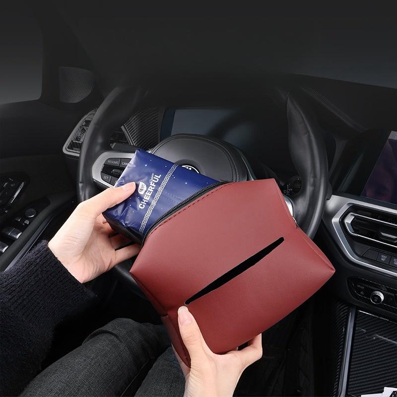 Nappa Faux Leather Car Tissue Box Holder - Durable PU Material, Sun Visor Backseat Organizer with Fix Strap, Ideal for Center Console Armrest