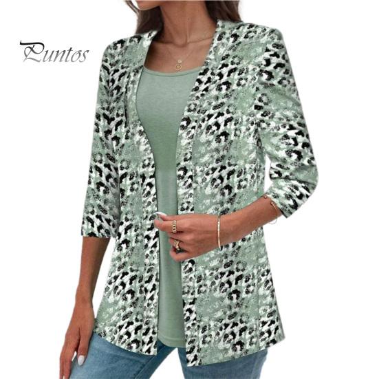 

Женский кардиган с леопардовым принтом, рукав три четверти с открытыми лацканами, деловой стиль, деловое офисное пальто, женская повседневная куртка 2XL зелёный