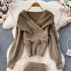 Autumn And Winter Retro Cross Sex V-Neck Bubble Sleeve Loose Sweater + High Waist Hip Knitted Half-Body Skirt Two-Piece Set