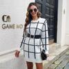 Women Fall Winter New Contrast Color Plaid Long Sleeve Sweater Bottoming Loose Knitted Dresses S-L