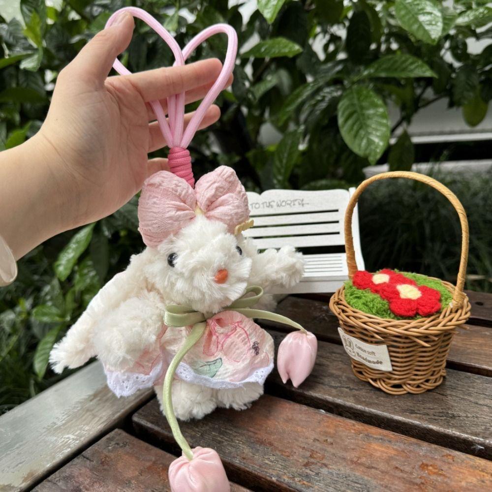 Bow Knot Plush Rabbit Keychain Princess Pearl Dress Rabbit Doll Keyring  Backpack Decor