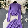 High-End-Lazy-Style-Strick-Fashionset-Damen-Zweiteiler-Anzug für Herbst und Winter, Rundhals-Oberteil + Faltenrock mit hoher Taille