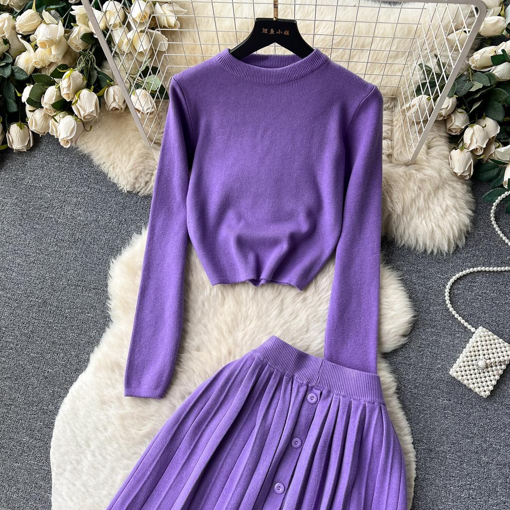 High-End-Lazy-Style-Strick-Fashionset-Damen-Zweiteiler-Anzug für Herbst und Winter, Rundhals-Oberteil + Faltenrock mit hoher Taille