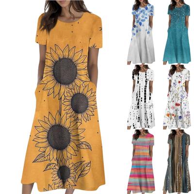 Women's Summer Casual Fashion Printed Short Sleeve Round Neck Pocket Dress