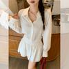 White POLO collar button-down cool long-sleeved shirt women's autumn new high-end pleated short top