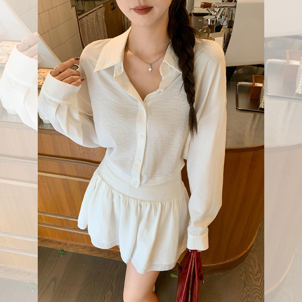 White POLO collar button-down cool long-sleeved shirt women's autumn new high-end pleated short top