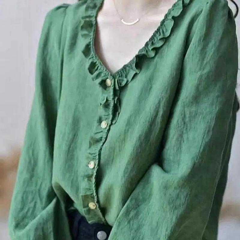 Spring New Style Loose Green V-neck Cotton, Linen and Linen Long-sleeved Shirt for Women
