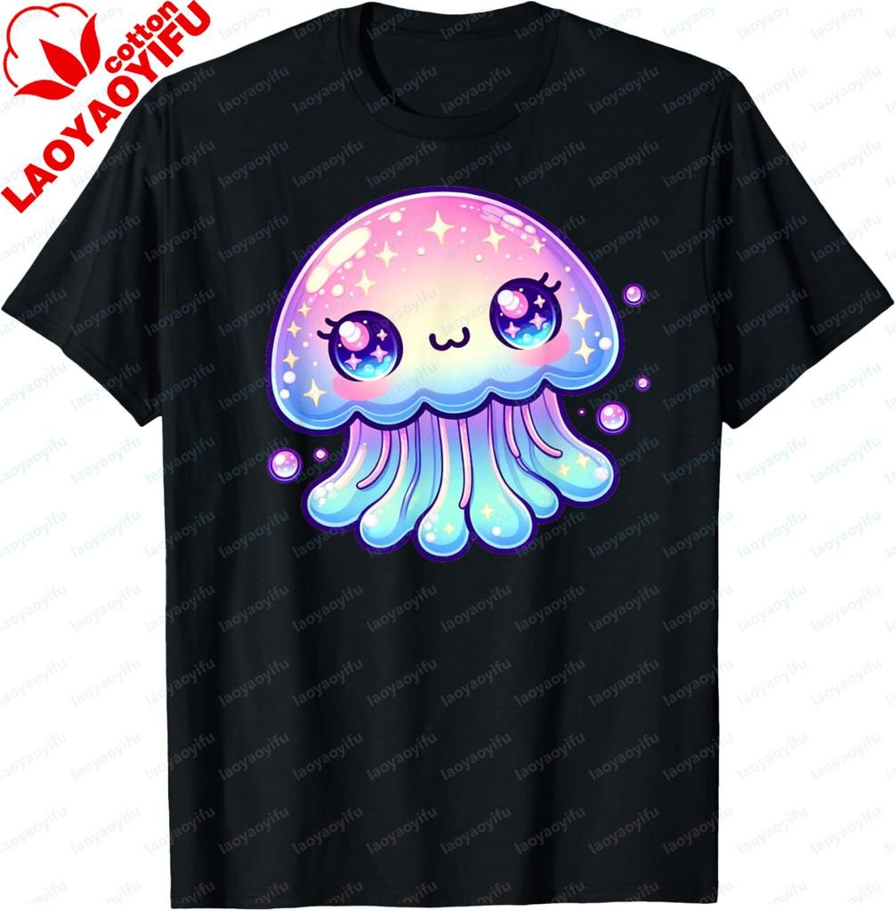 Kawaii Jellyfish Anime Fun Sea Critter Graphic Printed TShirt Summer Cotton Short Sleeve Unisex Tshirt Soft Casual Unisex T Shirt