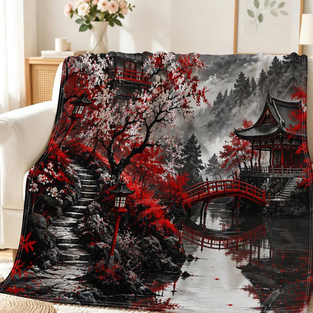 A Japanese-style Landscape 2D Flat-print Flannel Blanket, Soft and Warm, Durable and Comfortable, a Family Gift for Christmas or Valentine's Day, Feat