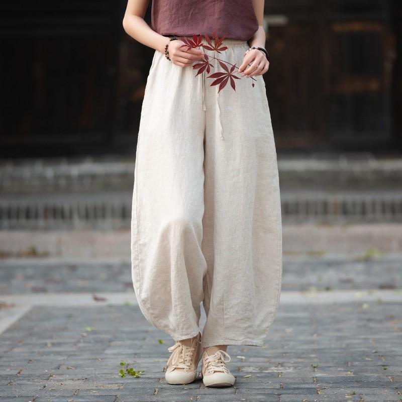 Johnature Vintage Women Bloomers Pants Solid Color Autumn Loose Trousers Elastic Waist Soft Female Ankle-length Pants