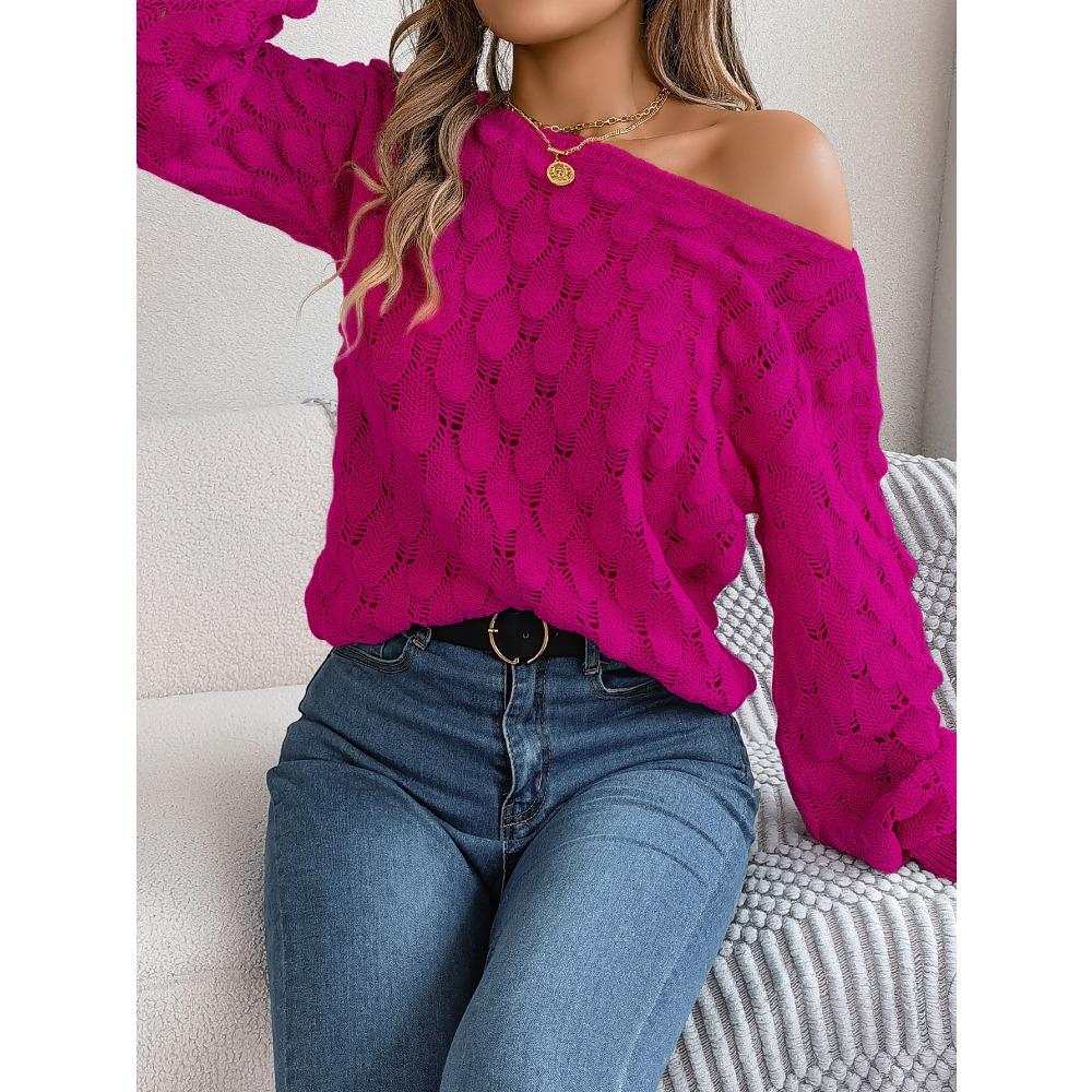 Autumn/Winter Women's Knitted Sweater Casual Feather-Patterned Openwork Off-the-Shoulder Sweater Featuring Bell Sleeves