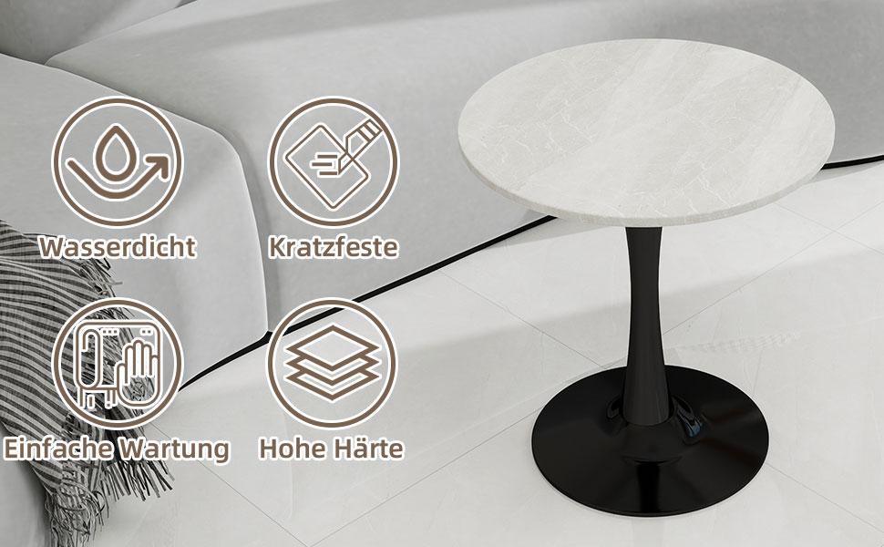 27.6-Inch black coffee table, mid-century modern style, for 2-4 people, round marble tabletop with a white veined finish, various settings.
