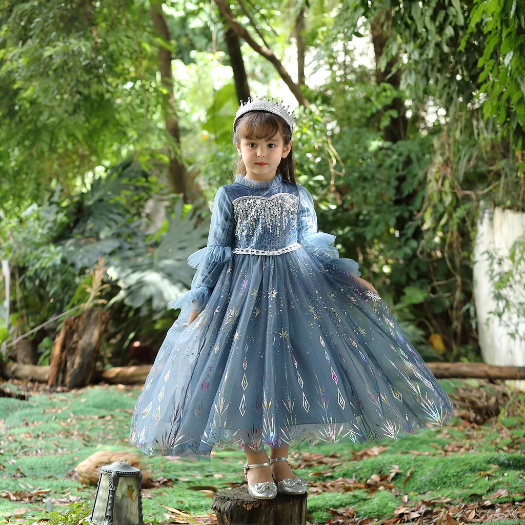 Frozen Children's Velvet Elsa Dress Girls Skirt Autumn and Winter 2021 New Elsa Dress Elsa
