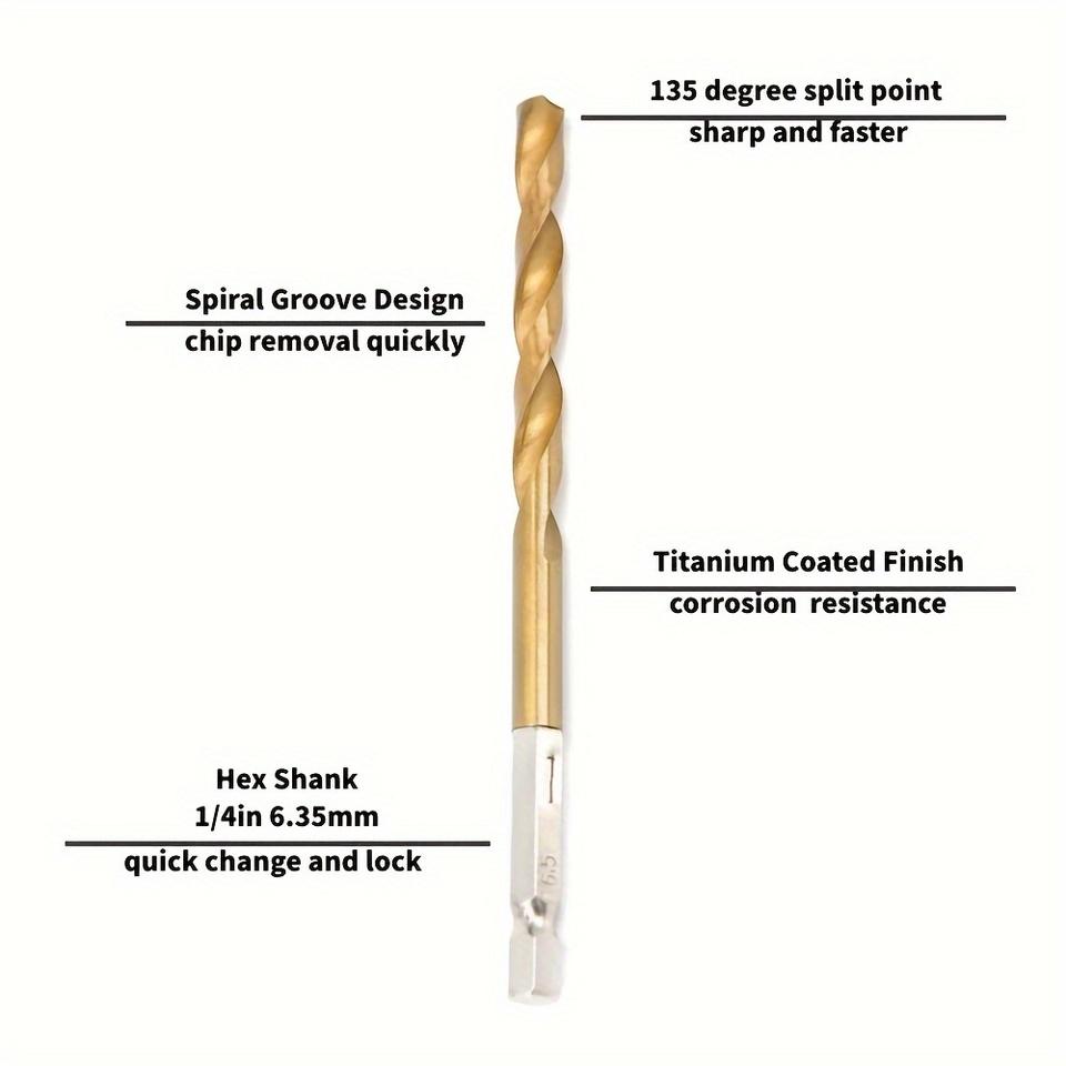 Set 13 Piese Burghie elicoidale cu coadă hexagonală placate cu titan 1,5 6,5 mm pentru mașină de găurit electrică, șurubelniță și șurubelniță pneumatică