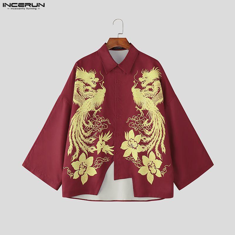 INCERUN Summer Men Lapel Neck 3/4 Sleeve Print Irregular Casual Shirts