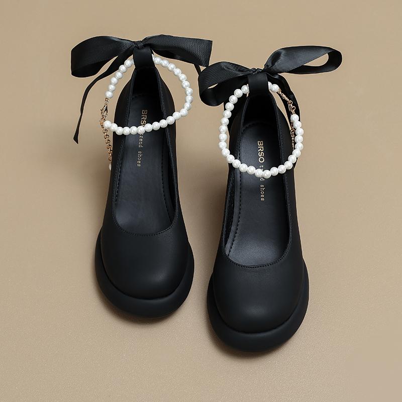 Fashion Soft Leather High Heels Women's New Pearl French Block Heel Mary Jane Gentle Wind Shoes
