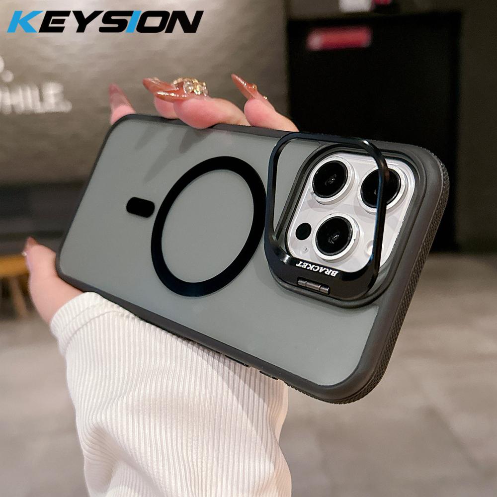 KEYSION Transparent Magnetic Lens Stand Case for MagSafe for iPhone 14 15 16 Pro Max 16 Plus Color Blocking Shockproof Phone Cover for iPhone 16 чёрный