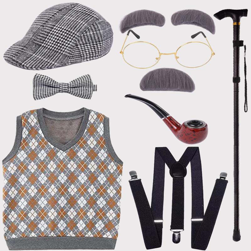 Grandfather Set Halloween Old Man Costume Set Grandpa Hat  Glasses Eyebrows Moustache for 100th Day of School