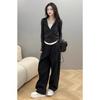 Black and white contrasting color splicing bottoming shirt women's spring waist pleated fake two-piece top half zipper long-sleeved T-shirt