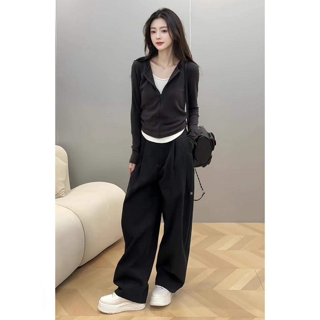 Black and white contrasting color splicing bottoming shirt women's spring waist pleated fake two-piece top half zipper long-sleeved T-shirt