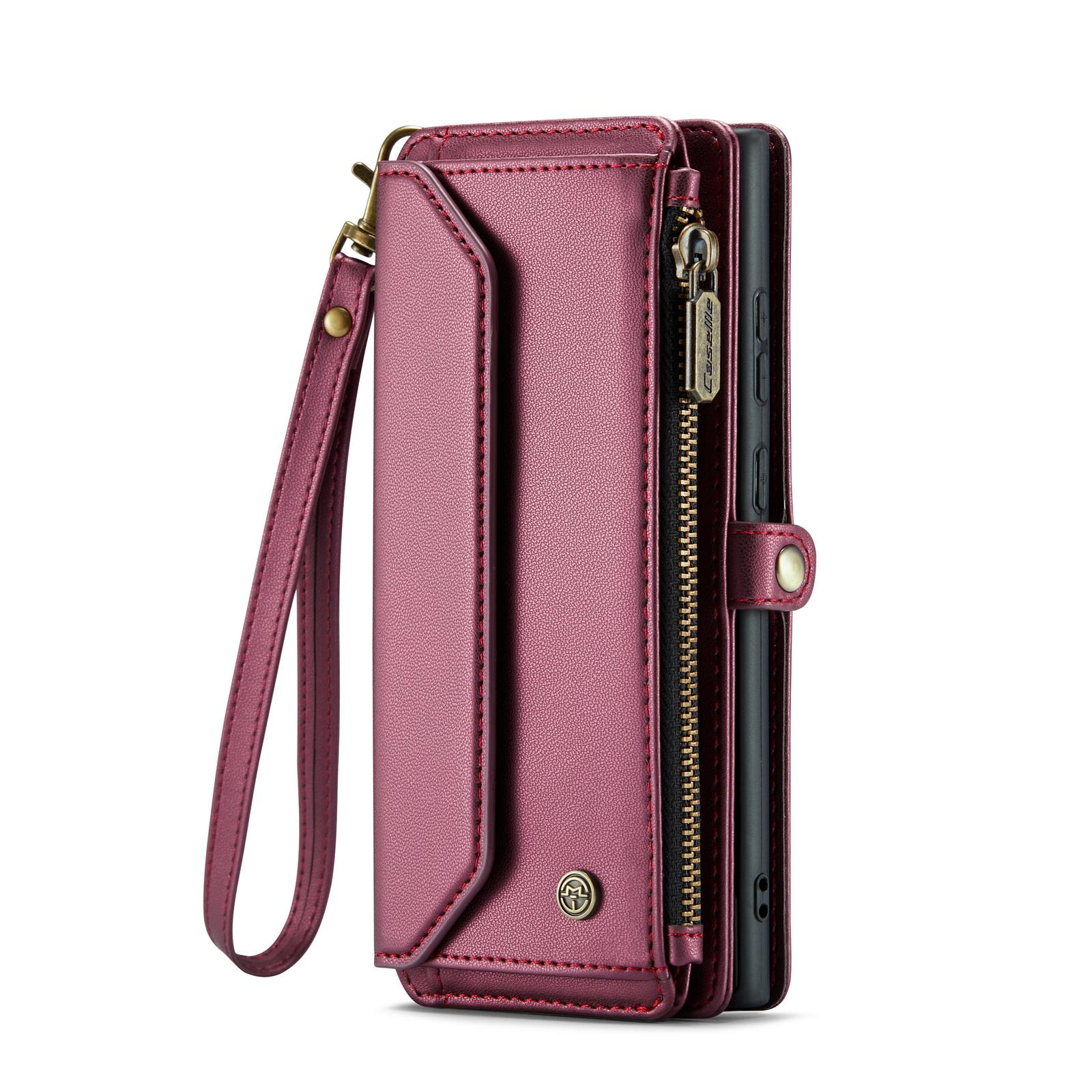 

For Samsung Galaxy S25 Ultra Leather Case CASEME C36 Zipper 10 Card Slots Phone Cover with Straps Pink
