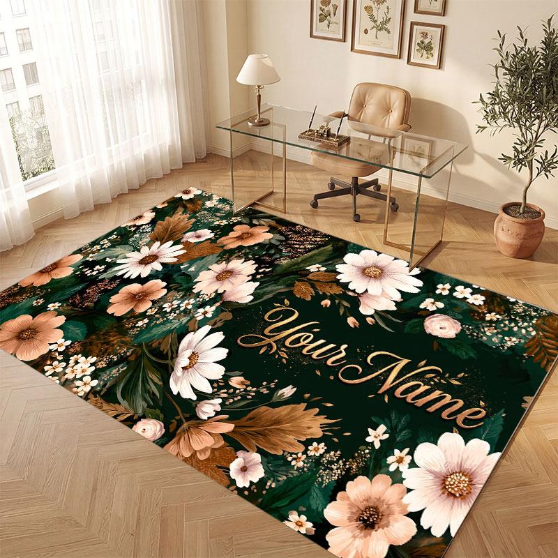 Floral Garden Theme Crystal Velvet Floor Rug Personalized Custom Name Text Warm Carpet Home Decoration