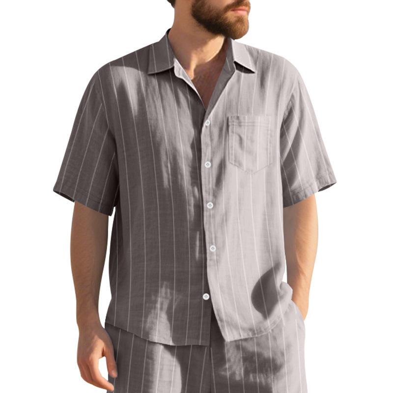 Linen Jacquard Shirt with Vertical Stripes Men's Collared Button-Down Loose-Fitting, Breathable Casual Short-Sleeved Shirt