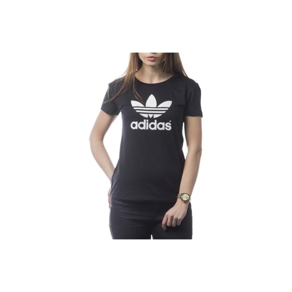 adidas Originale Kontrastfarben Markenlogo Print American Vintage Schulterärmel T-Shirt Damen Tops Schwarz AJ8084