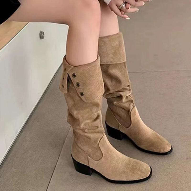 Pile boots retro niche small long boots French women's boots autumn and winter versatile western cowboy boots knight boots