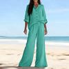 Women's Casual V-neck Long Sleeved Shirt Long Pants Two-piece Set