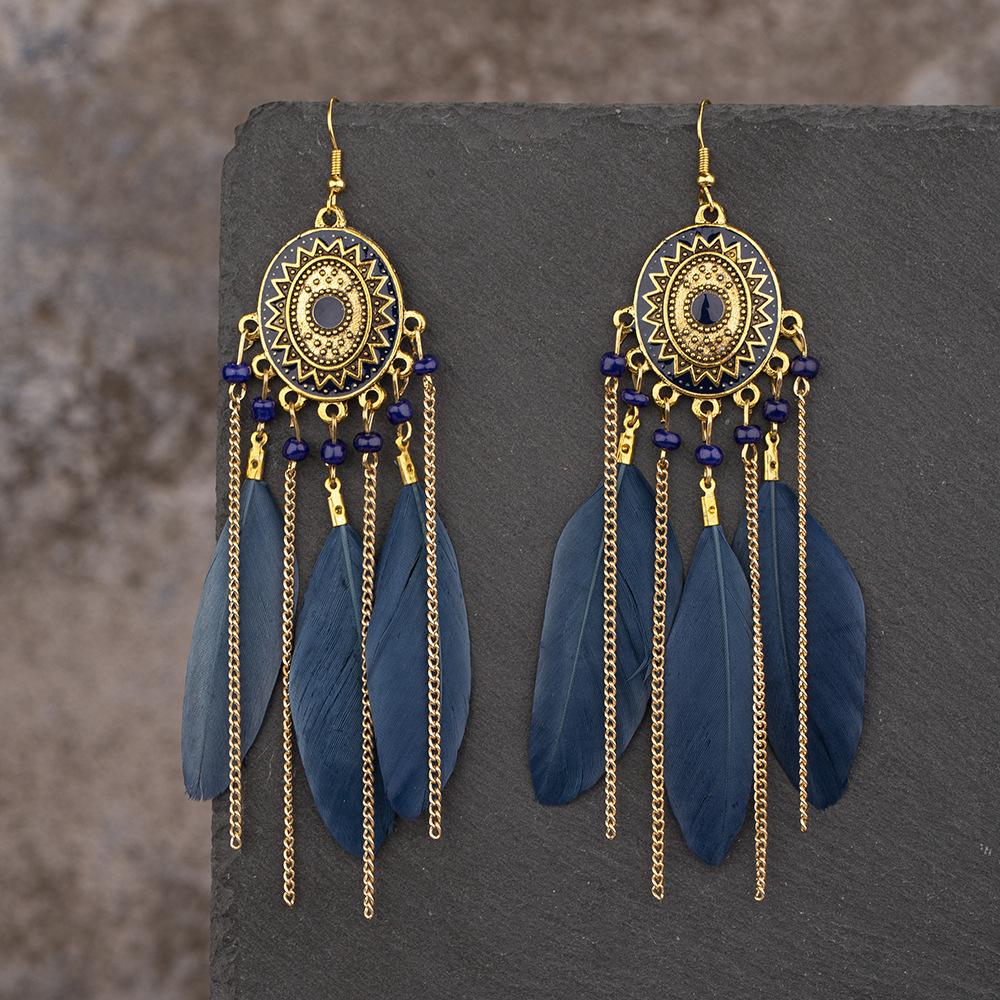 Vintage Ethnic Feather Tassel Earrings For Women Long Fringe Chain Drop Dangling Earrings Female Girls Jewelry Accessories