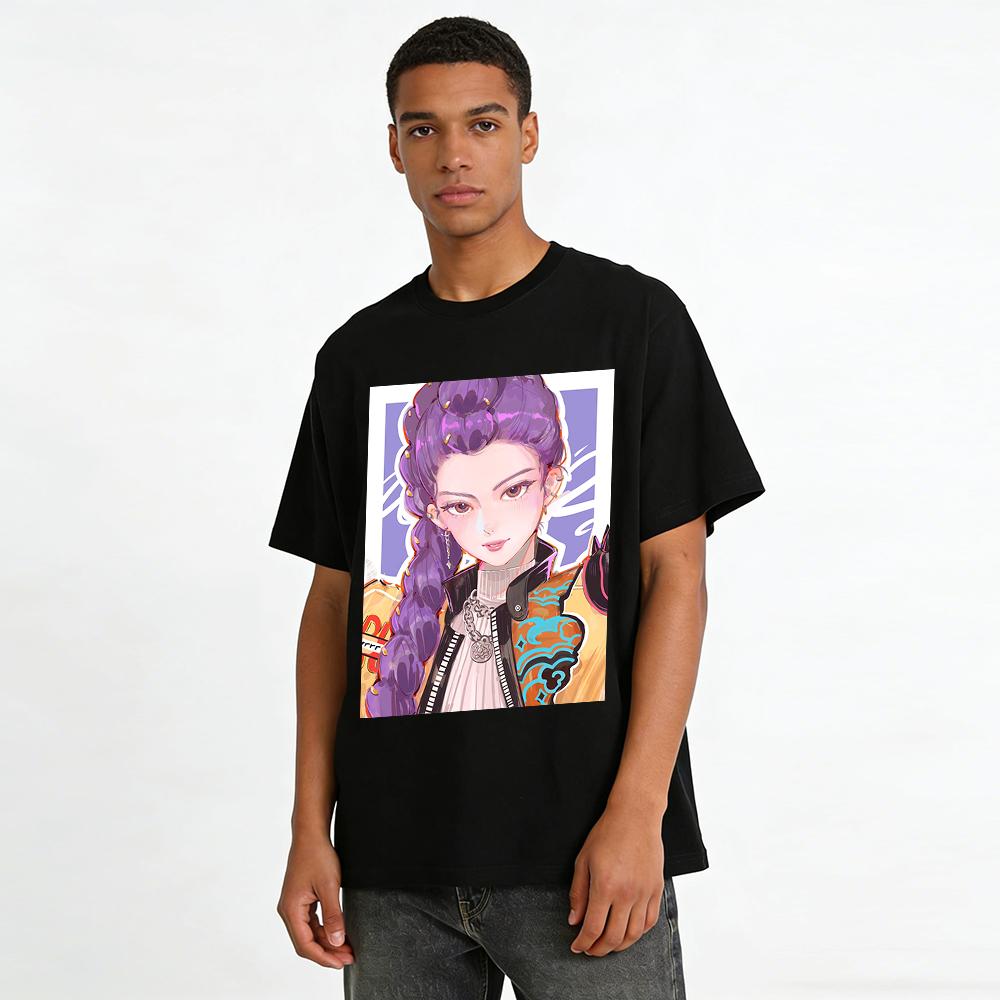 Cool Chinese Style Purple-haired Girl Print T-shirt Casual Loose Crewneck Streetwear Daily Top Pure cotton T-shirt