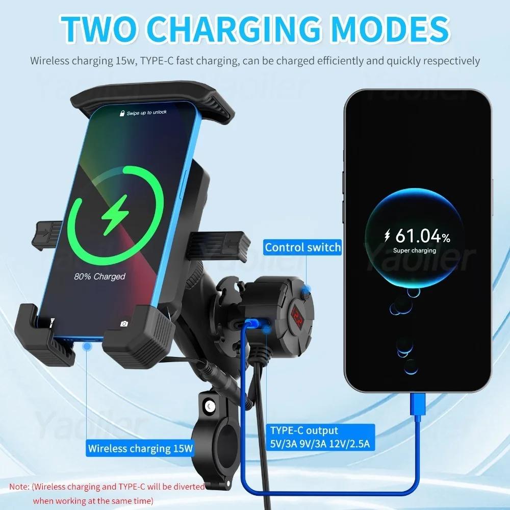 Motorcycle Phone Holder 15W Wireless Charger Motorbike Shock-absorbing Handlebar Mount with C Type Fast Charging Cellphone Stand