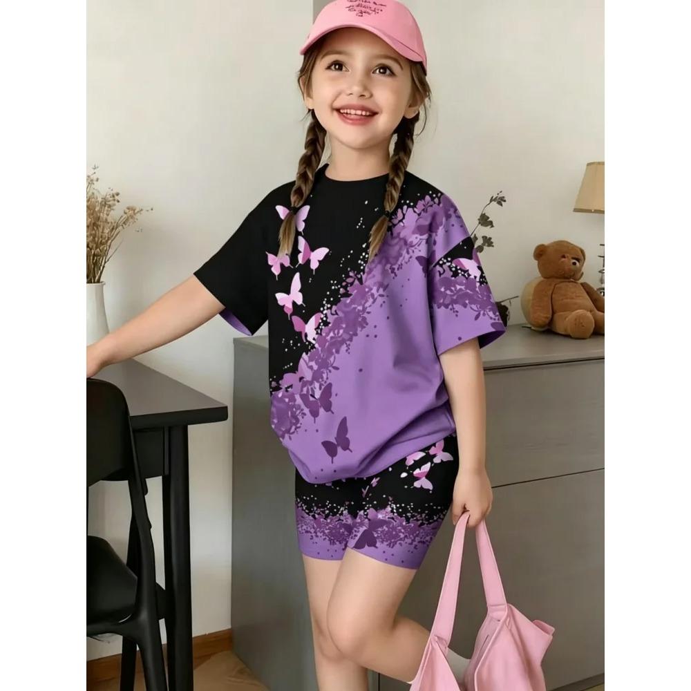 Aesthetic 3D Butterfly 2Pcs Summer Kids Outfit Comfy Short Sleeve Shorts Casual Daily Set For Boys Girls