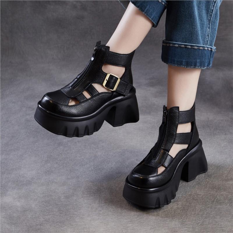 Johnature Sandale Romane Retro Piele Naturală Platformă Groasă Fermoar Botine Decupate Femei