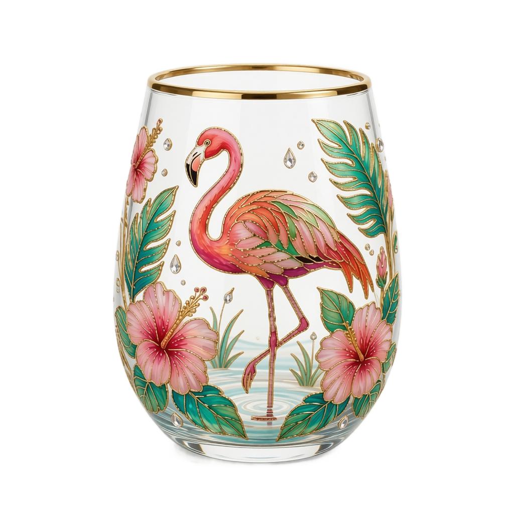 Glass Tumbler with Flamingo and Tropical Floral Design Gold Rimmed Stemless Drinking Glass for Everyday Use and Special Occasions