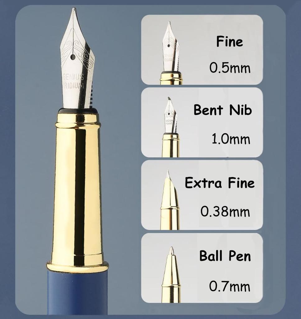 Ranvi Gold Trim Classic Metal Fountain Gift Pen with Fine 9 Pieces Pen, Converter, Nib,