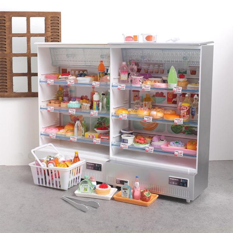1/12 Scale Dollhouse Miniature Refrigerator Realistic Kitchen Display Furniture with Tiny Food Accessories for Kids Play