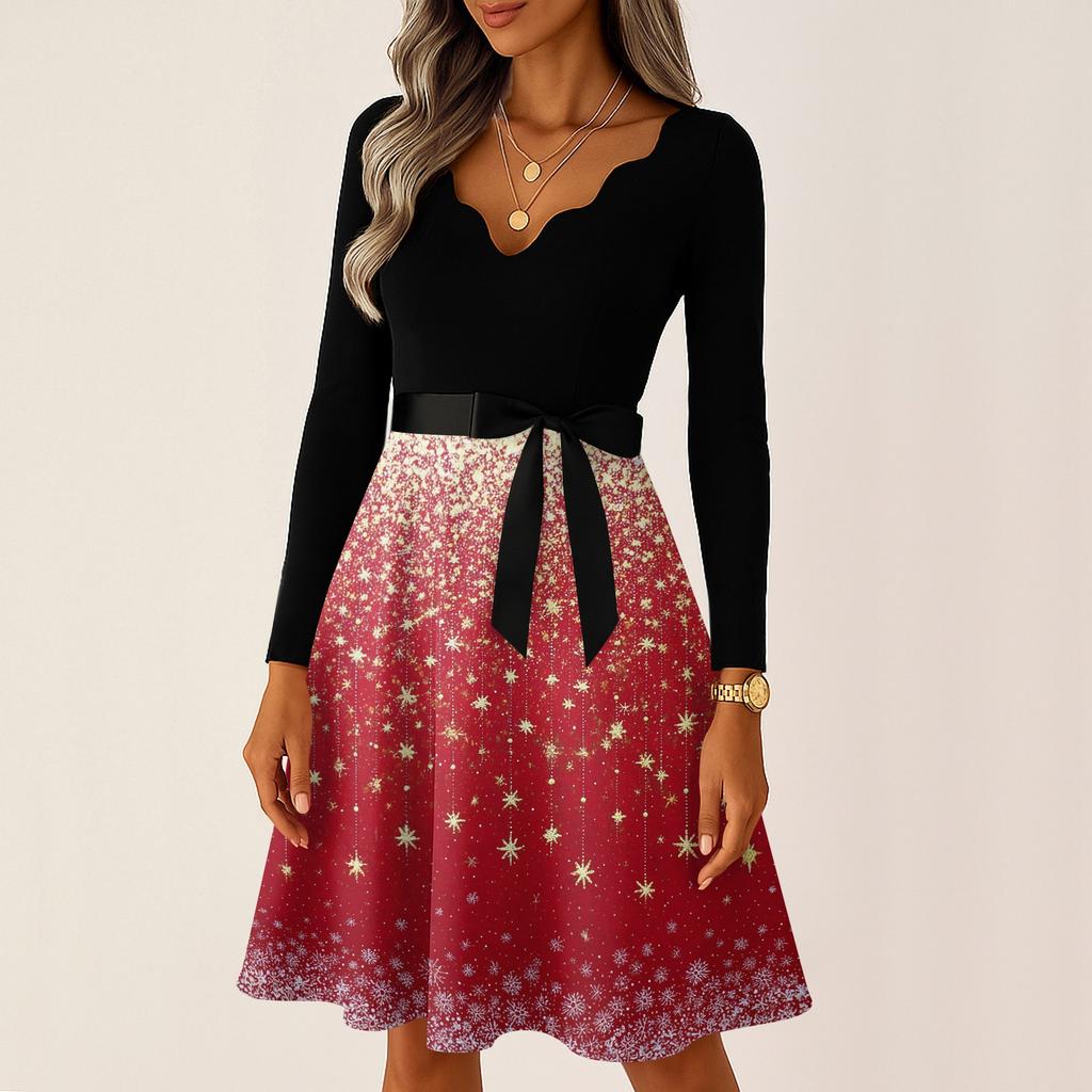 Kvinners avslappet mote langermet julegrafisk trykt vintage lange kjoler