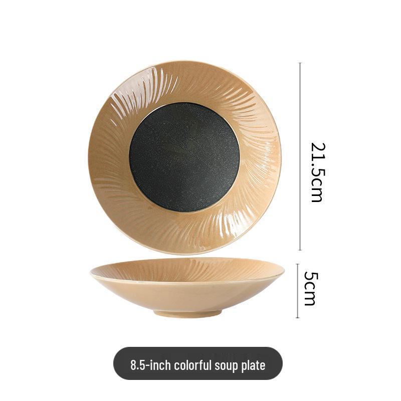 High-End Multi-Color Ceramic Dinnerware Set: Western Plates, Soup Bowls, Salad Bowls, and Wide-Edged Flat Plates for Commercial Use.