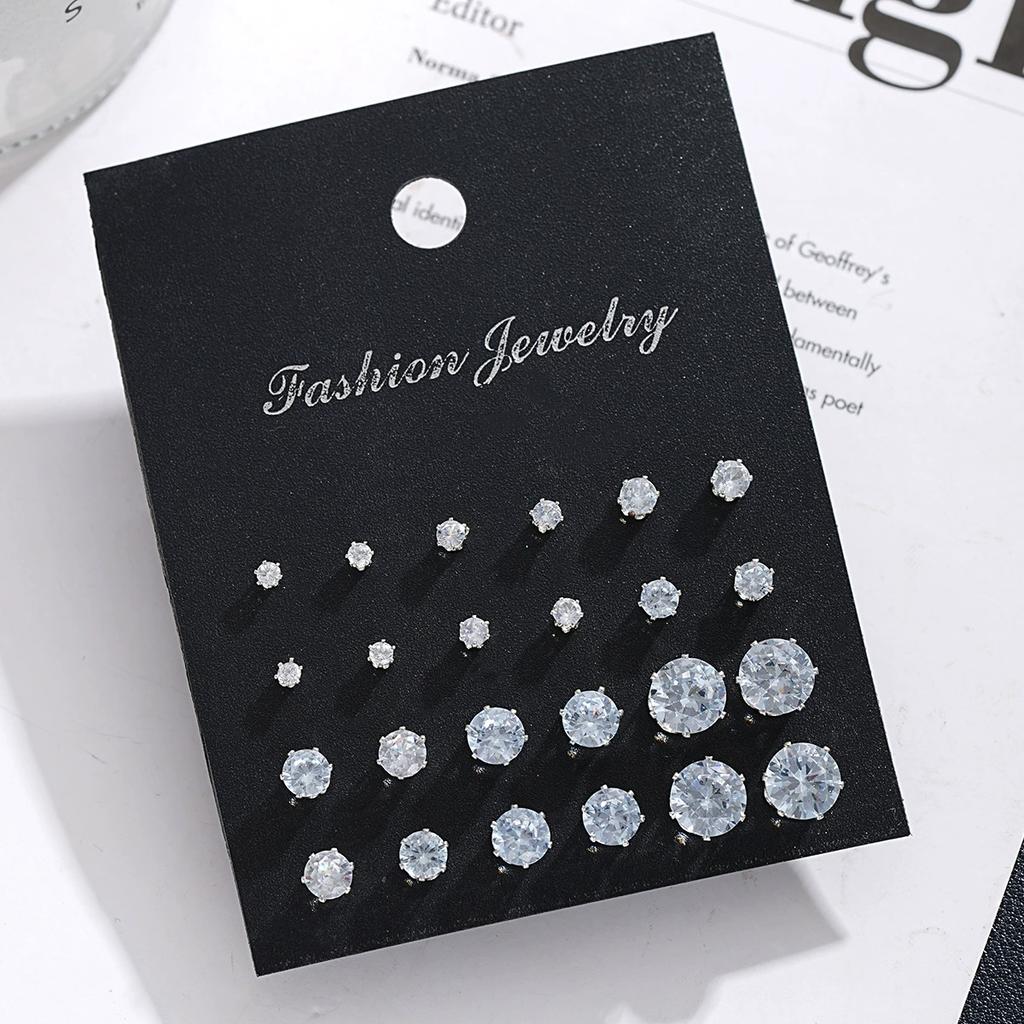 New 12 Pair Pack White Shiny Wedding Stud Earrings Set For Women Men Crystal Rhinestone Earrings Party Jewelry Accessories Gifts