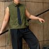 INCERUN Men Lapel Neck Sleeveless Solid Lace-up Casual Shirts Tank Tops