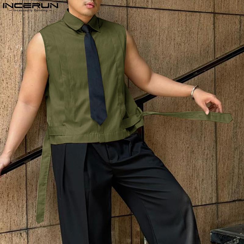INCERUN Men Lapel Neck Sleeveless Solid Lace-up Casual Shirts Tank Tops