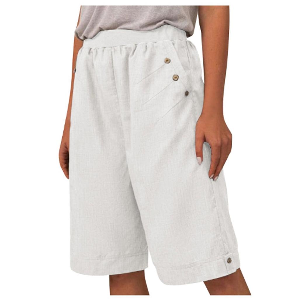 Женские повседневные брюки с эластичной резинкой на талии и прямыми карманами, летние льняные шорты