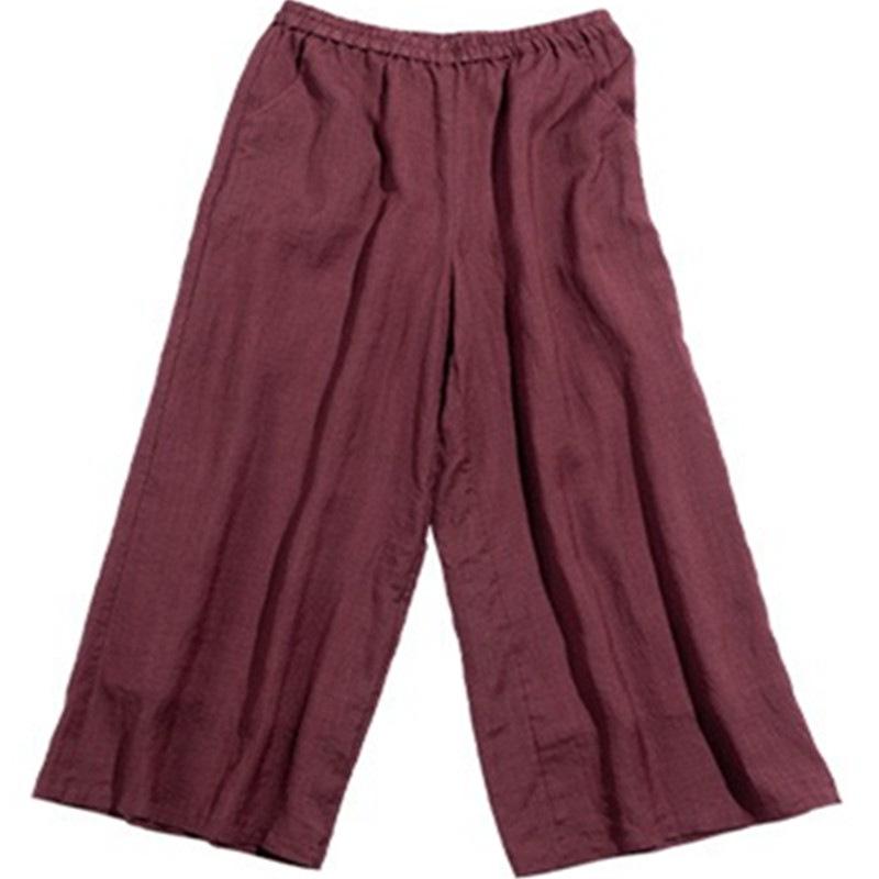 

Женский комплект из рами винного цвета, состоящий из двух частей: Рубашка со стойкой и брюки с высокой посадкой и широкими штанинами - Летняя одежда в китайском стиле One Size