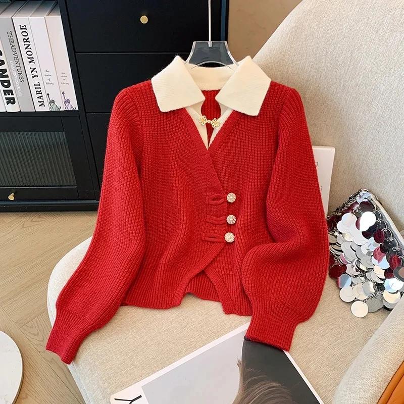 Autumn Spring Design Splicing Slim Women Knitted Cardigan Sweater Jacket Fashion Fake Two Items Loose Ladies Top